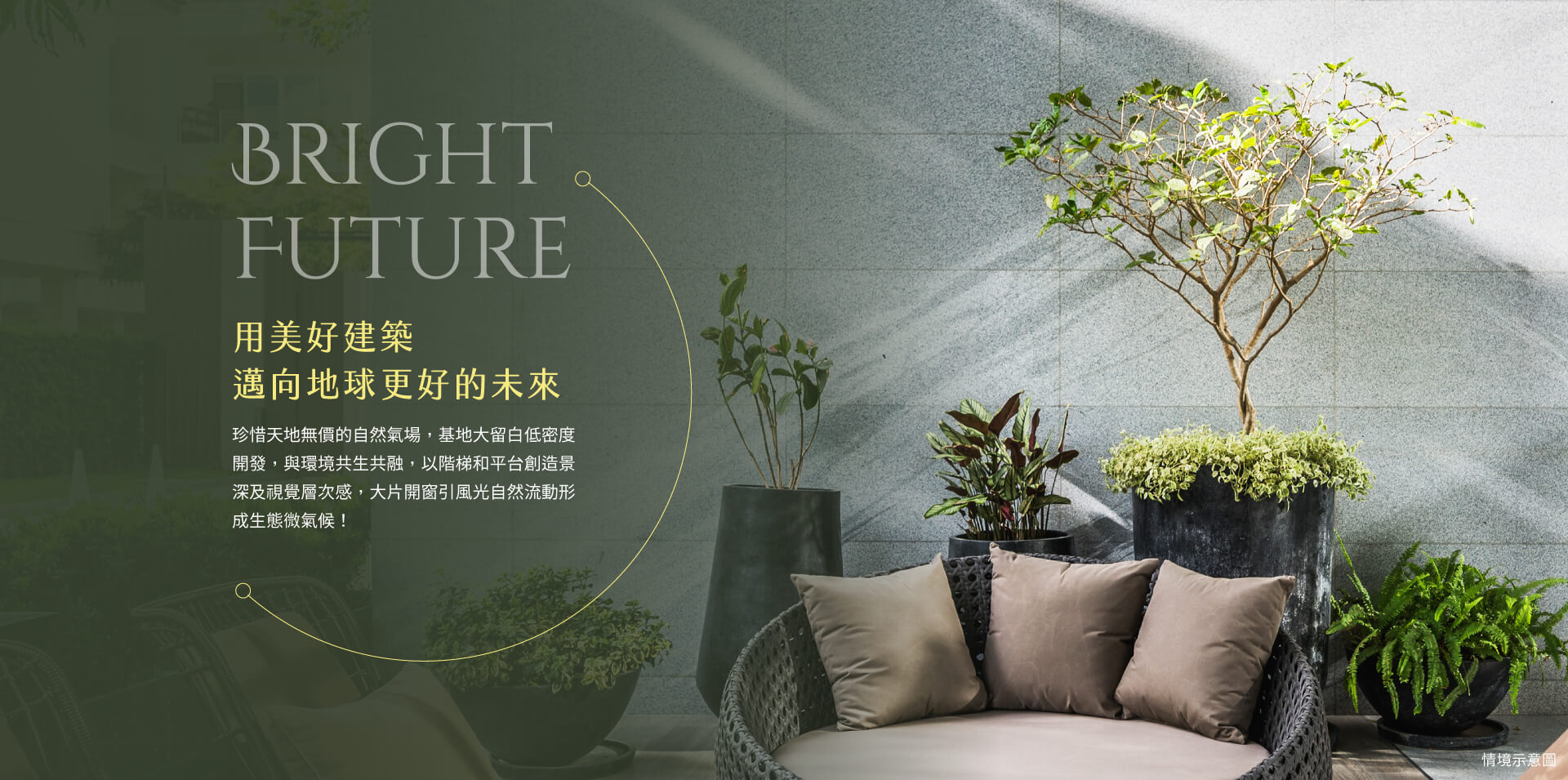 用美好建築邁向地球更好的未來｜珍惜天地無價的自然氣場，基地大留白低密度開發，與環境共生共融，以階梯和平台創造景深及視覺層次感，大片開窗引風光自然流動形成生態微氣候！